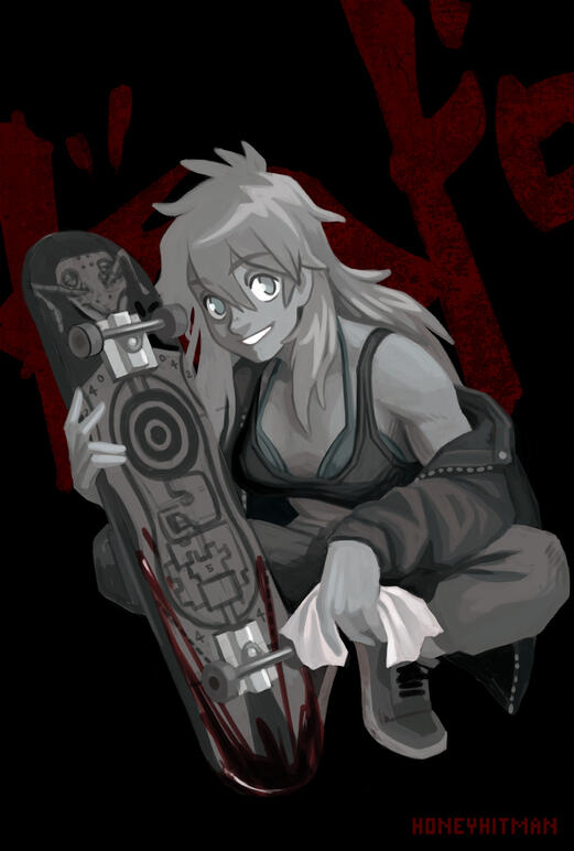 Nikaido from Dorohedoro with her longboard.