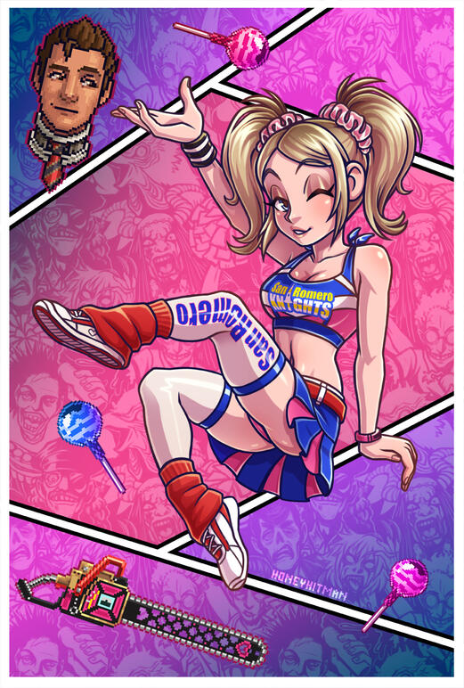 Juliet Starling from Lollipop Chainsaw. Pixel art and tileable zombie background by yours truly!